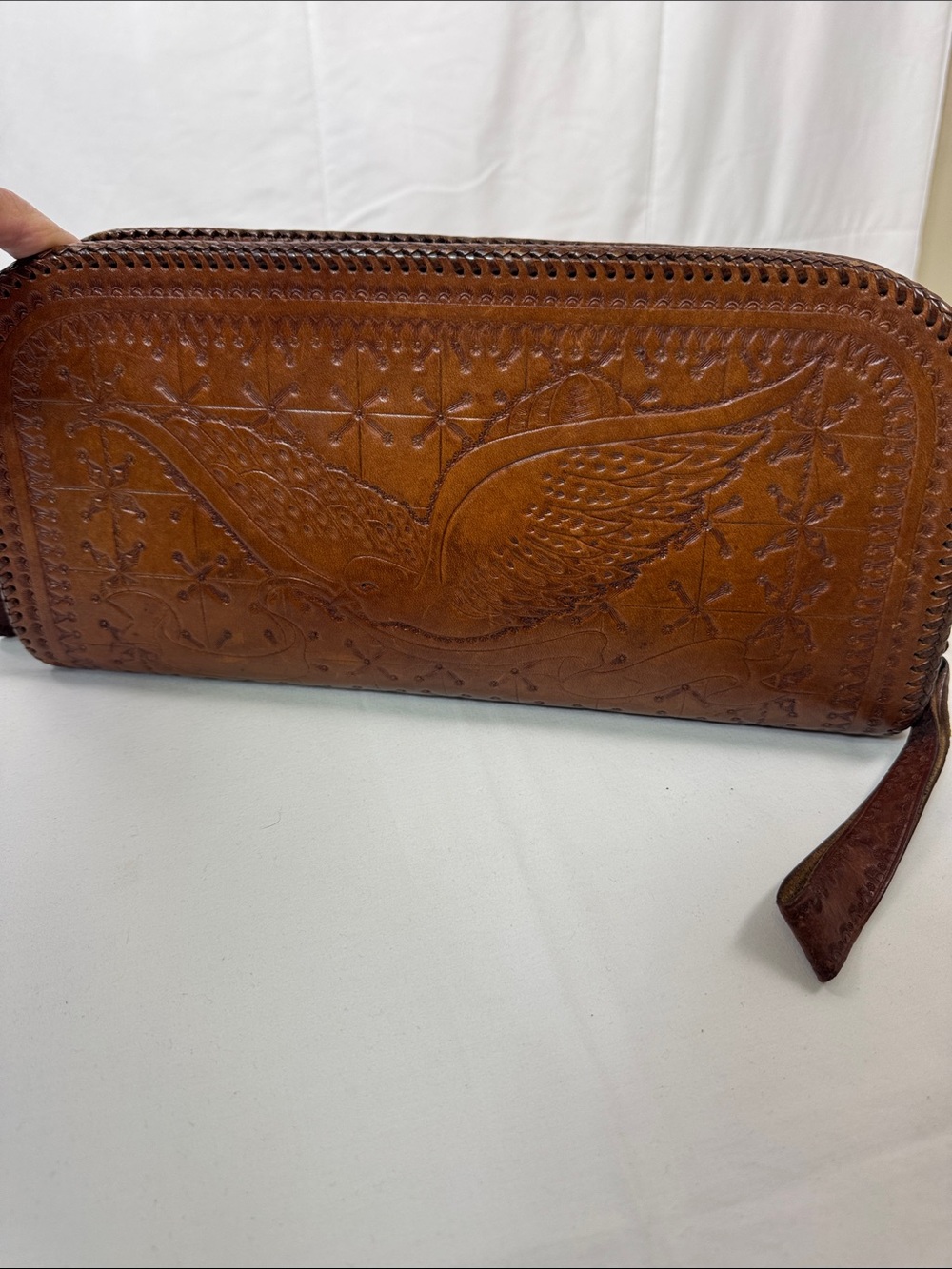 Vintage Hand Tooled Leather Clutch Wallet Bird Design Brown Zip